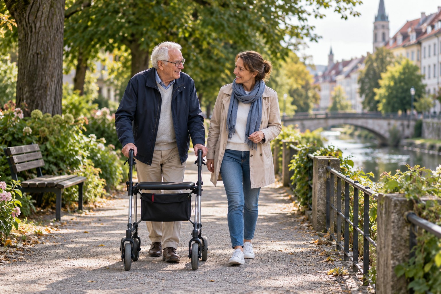 KI-generiertes Bild einer Begleitung beim Spaziergang mit Rollator.